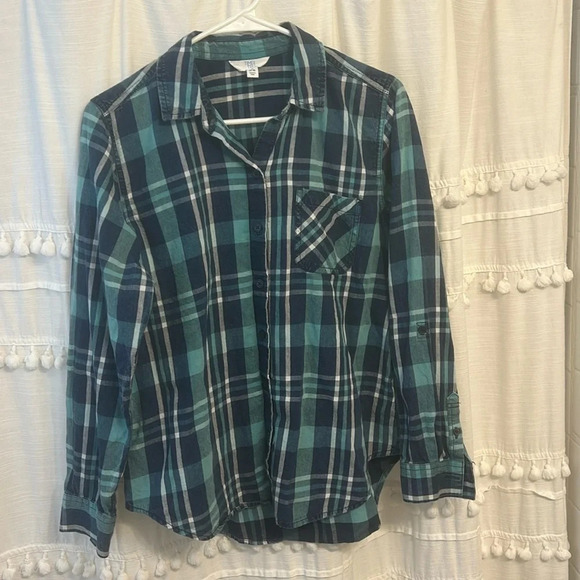 Time and tru blue green plaid button down size S (4-6) - Picture 1 of 4